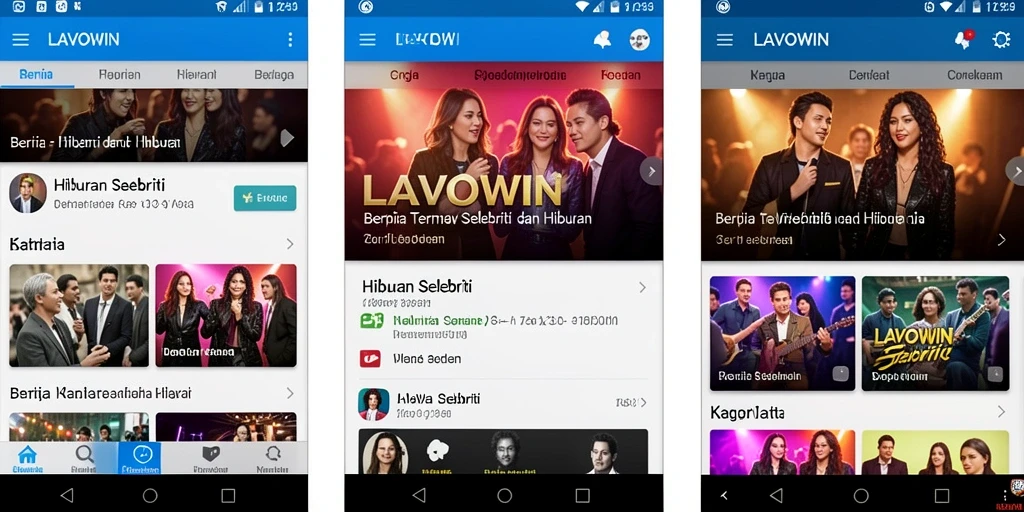 Tampilan antarmuka aplikasi LAVOWIN dengan berita hiburan selebriti.
